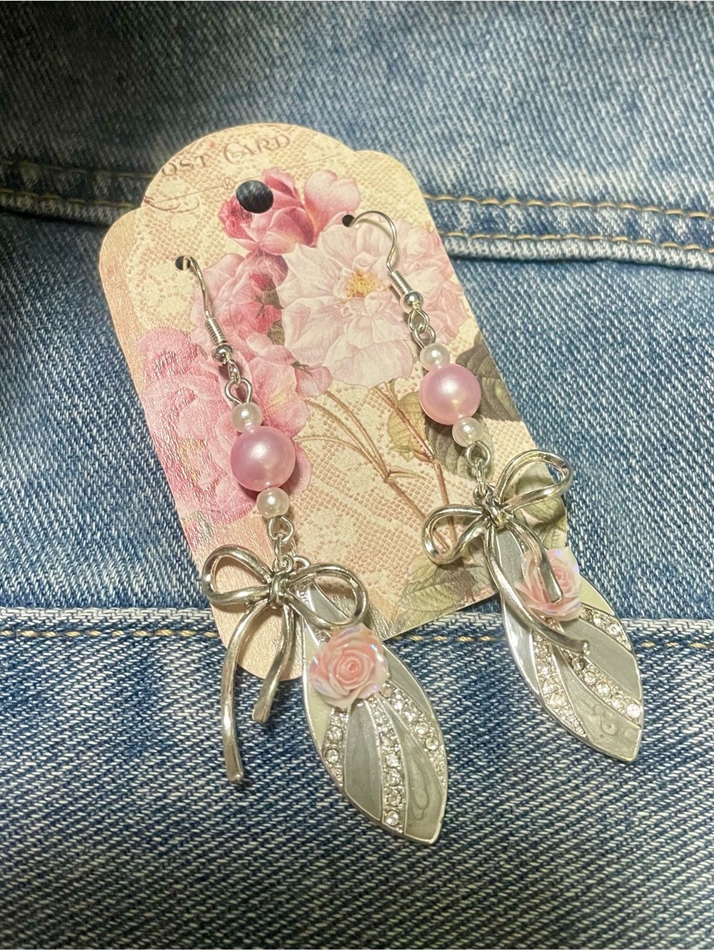 Silver-tone Pink Pearl & Rose Pendant Necklace and Earring Set - Picture 5 of 7